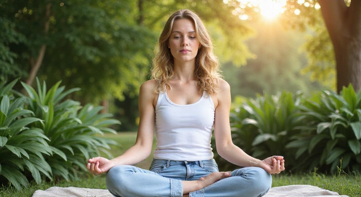 Mujer meditando en un entorno natural rodeada de plantas