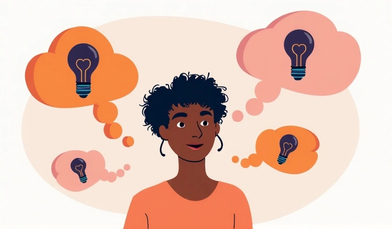 Ilustración de una persona pensando con signos de interrogación y bombillas, simbolizando la resolución de dudas.