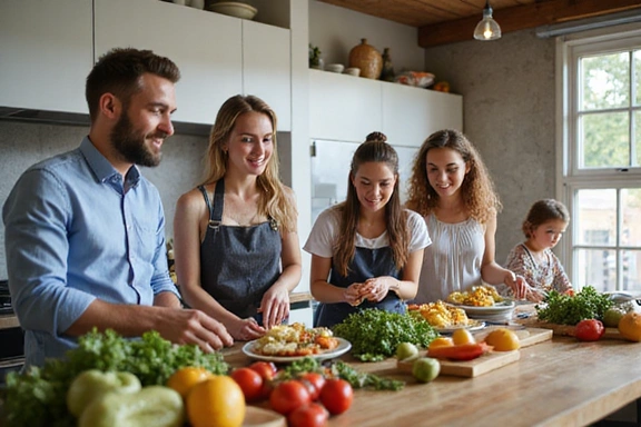 Grupo de personas interactuando felizmente con alimentos saludables en un ambiente luminoso.