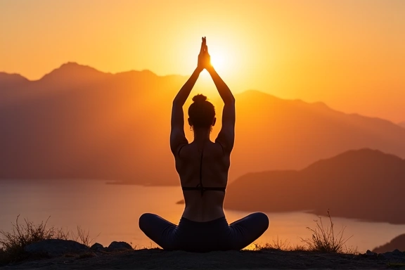 Persona practicando yoga al amanecer, simbolizando equilibrio y bienestar.