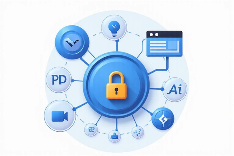 Icono de derechos de autor y elementos digitales flotando